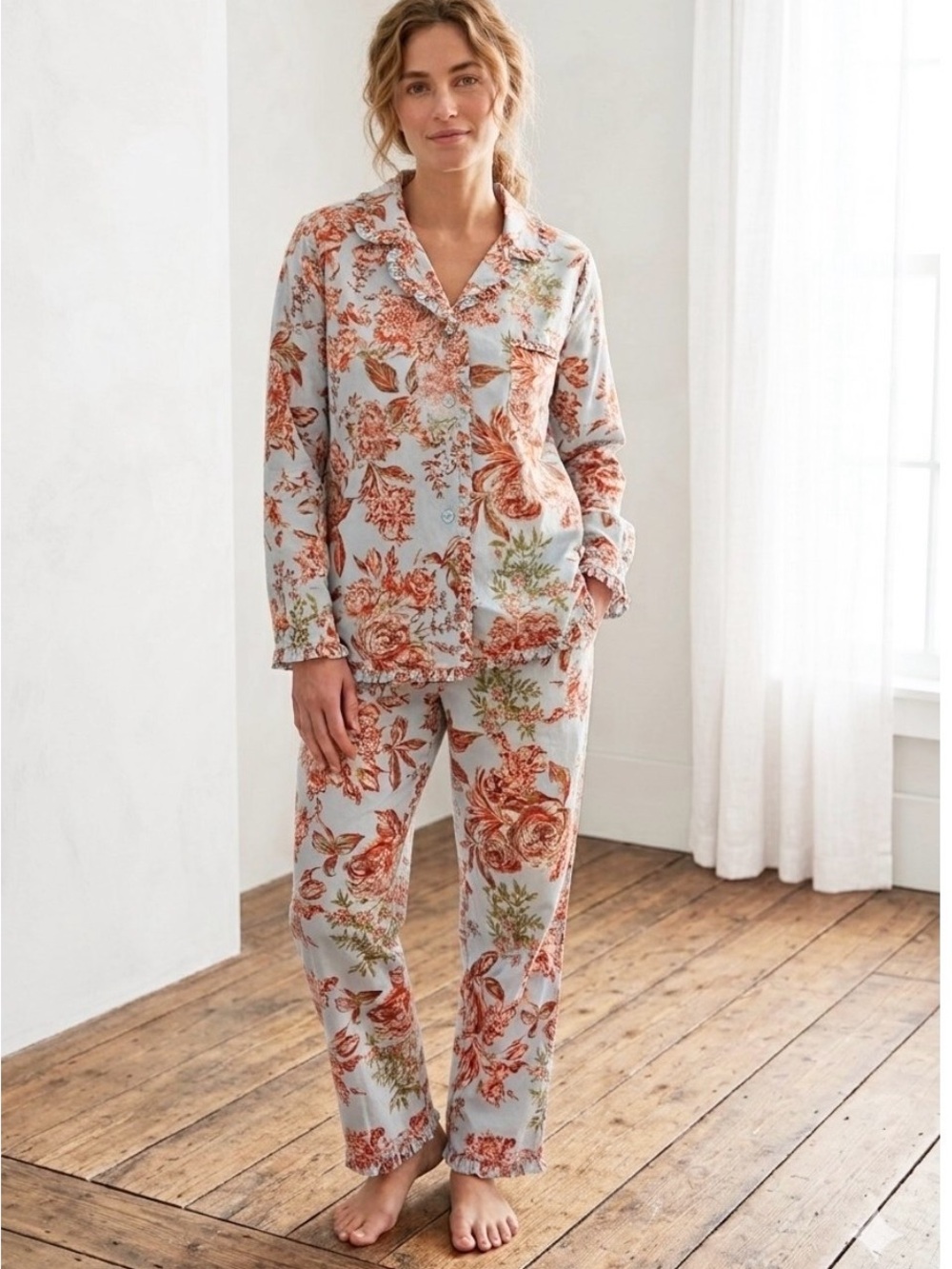 Soft Surroundings Floral Straight-Leg Pajama Pants - Light Blue & Rust M